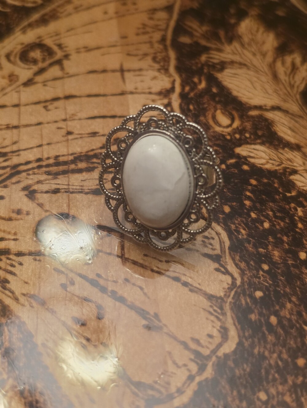 White Opalite Gemstone In Silver Tone Bezel Frame, Adjustable Cocktail Ring